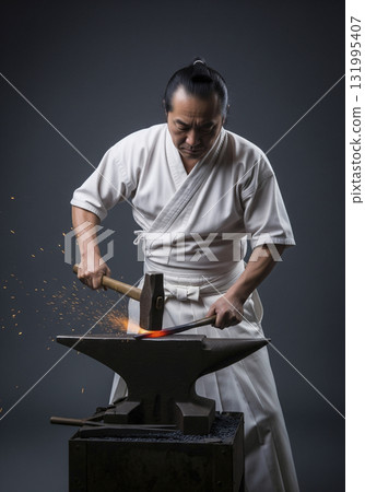 製作日本刀的刀匠鍛造玉鋼 131995407