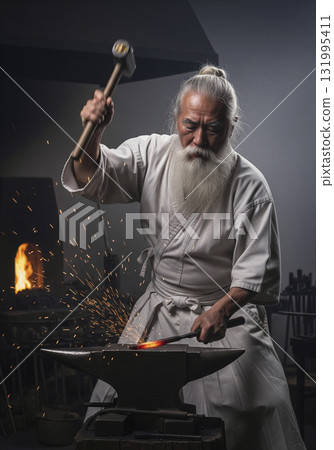 A swordsmith who makes Japanese swords forges tamahagane steel 131995411