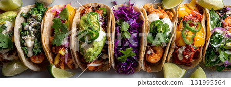 Tasty variety of colorful tacos with fresh ingredients and toppings 131995564