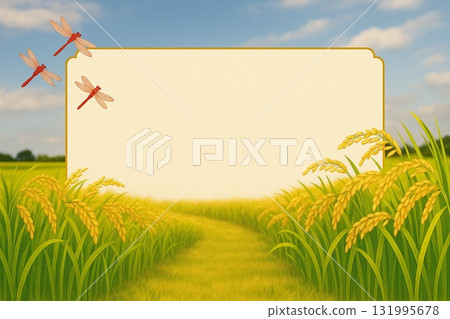 Frame material: Pre-harvest rice ears and rice fields, red dragonflies, photorealistic 131995678