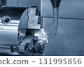 The 5-axis CNC milling machine multi-tasking type finish cutting the automotive part with solid ball nose end mill tool. 131995856