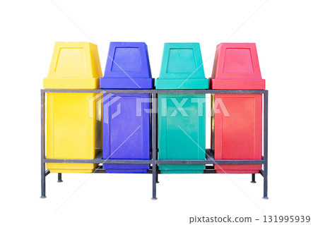 The colorful trash cans are separate objects in red, yellow, blue, and green. 131995939