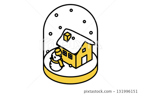 Isometric illustration of a line drawing icon of a snow globe with a snowy house and a snowman Isometric illustration of a line drawing icon of a snow globe with a snowy house and a snowman 131996151