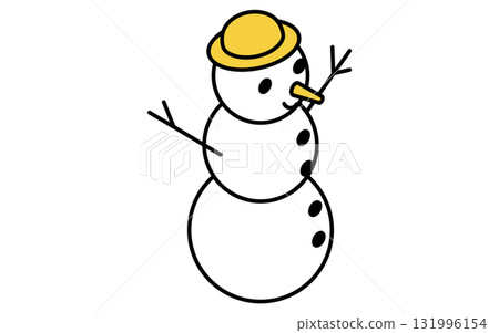 Isometric illustration of a line drawing icon of a snowman wearing a hat and holding a tree branch Isometric illustration of a line drawing icon of a snowman wearing a hat and holding a tree branch 131996154