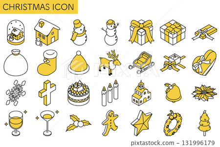 聖誕線條畫圖示集：雪人、樹木、花圈和其他可愛的冬季等距插圖 131996179