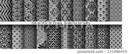 Geometric floral set of seamless patterns. Gray and black vector backgrounds. Damask graphic ornaments 131996454