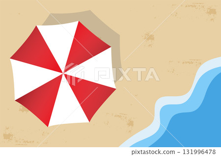 Beach umbrella on sandy shore with sea waves top view. Vector illustration 131996478
