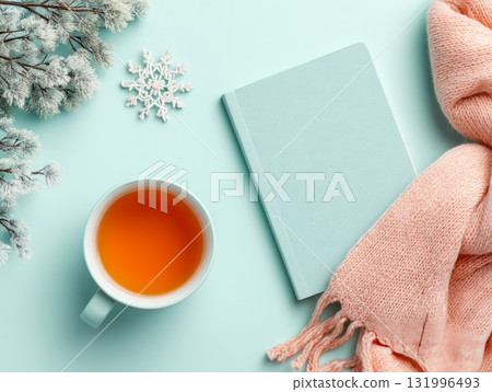 Pastel Winter Flat Lay with Tea and Scarf Pastel Winter Flat Lay with Tea and Scarf 131996493
