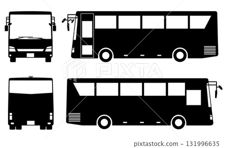 Black and white silhouette of a tourist bus seen from the front, back and side Black and white silhouette of a tourist bus seen from the front, back and side 131996635