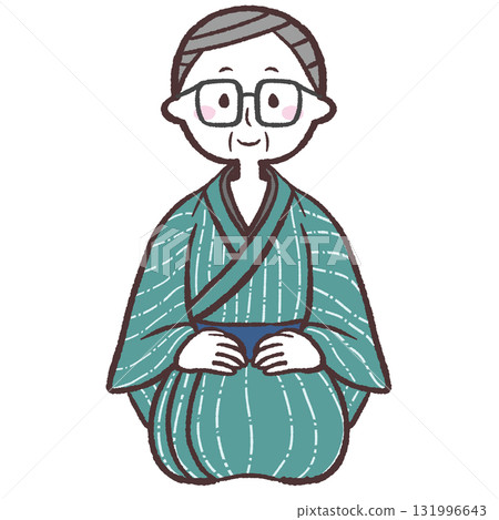 Illustration of a senior man in a kimono sitting upright 131996643
