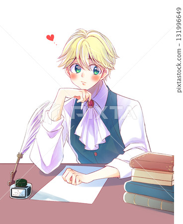 一位金髮貴族男子，手托著下巴。桌子。紙張。 131996649