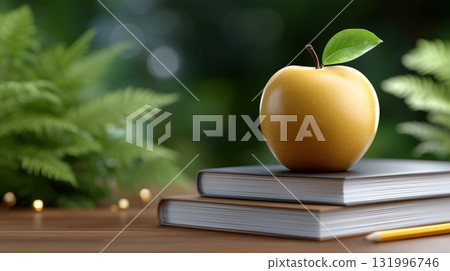 Golden Apple on Stack of Books with Pencil, Symbolizing Education and Healthy Learning 131996746