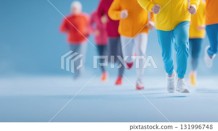 Group of people running, healthy lifestyle and fitness concept with motion blur 131996748