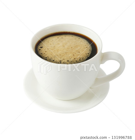 White ceramic coffee cup with saucer Packed with black coffee with floating foam. isolated on a white background 131996788