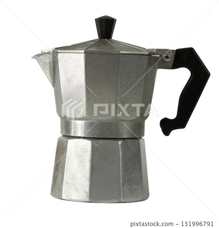 Used moka pot coffee maker made of aluminum isolated on white background Used moka pot coffee maker made of aluminum isolated on white background 131996791
