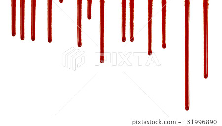 Freeze Motion of Photograph of Dripping Blood Forming Thin Streams and Scattered Droplets on a Clean White Background. Ideal for Horror, Medical, or Crime Related Visual Concepts. Realistic and Freeze Motion of Photograph of Dripping Blood Forming Thin Streams and Scattered Droplets on a Clean White Background. Ideal for Horror, Medical, or Crime Related Visual Concepts. Realistic and 131996890