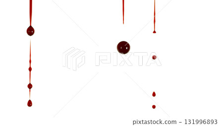 Freeze Motion of Photograph of Dripping Blood Forming Thin Streams and Scattered Droplets on a Clean White Background. Ideal for Horror, Medical, or Crime Related Visual Concepts. Realistic and Freeze Motion of Photograph of Dripping Blood Forming Thin Streams and Scattered Droplets on a Clean White Background. Ideal for Horror, Medical, or Crime Related Visual Concepts. Realistic and 131996893