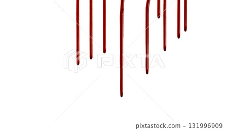 Freeze Motion of Photograph of Dripping Blood Forming Thin Streams and Scattered Droplets on a Clean White Background. Ideal for Horror, Medical, or Crime Related Visual Concepts. Realistic and 131996909