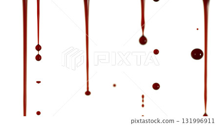 Freeze Motion of Photograph of Dripping Blood Forming Thin Streams and Scattered Droplets on a Clean White Background. Ideal for Horror, Medical, or Crime Related Visual Concepts. Realistic and 131996911