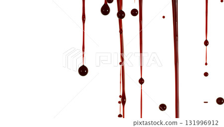 Freeze Motion of Photograph of Dripping Blood Forming Thin Streams and Scattered Droplets on a Clean White Background. Ideal for Horror, Medical, or Crime Related Visual Concepts. Realistic and Freeze Motion of Photograph of Dripping Blood Forming Thin Streams and Scattered Droplets on a Clean White Background. Ideal for Horror, Medical, or Crime Related Visual Concepts. Realistic and 131996912