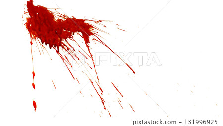Photograph capturing a dramatic blood splash on a clean white background. The red liquid forms organic droplets and abstract shapes. Adeal for horror, medical, or artistic use. Photograph capturing a dramatic blood splash on a clean white background. The red liquid forms organic droplets and abstract shapes. Adeal for horror, medical, or artistic use. 131996925