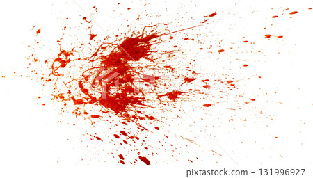 Photograph capturing a dramatic blood splash on a clean white background. The red liquid forms organic droplets and abstract shapes. Adeal for horror, medical, or artistic use. Photograph capturing a dramatic blood splash on a clean white background. The red liquid forms organic droplets and abstract shapes. Adeal for horror, medical, or artistic use. 131996927