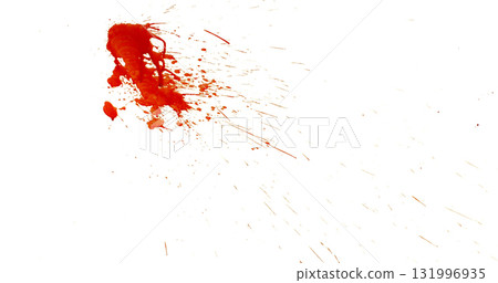 Photograph capturing a dramatic blood splash on a clean white background. The red liquid forms organic droplets and abstract shapes. Adeal for horror, medical, or artistic use. 131996935