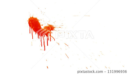Photograph capturing a dramatic blood splash on a clean white background. The red liquid forms organic droplets and abstract shapes. Adeal for horror, medical, or artistic use. 131996936
