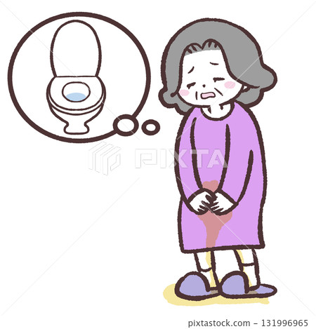Illustration of a senior woman who can't make it to the toilet in time Illustration of a senior woman who can't make it to the toilet in time 131996965