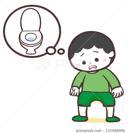 Illustration of a boy who can't make it to the toilet in time and wets himself 131996966