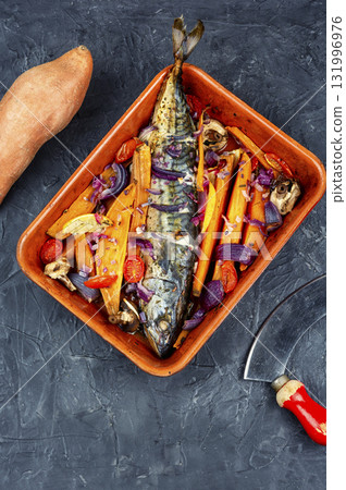 Oven baked mackerel. 131996976