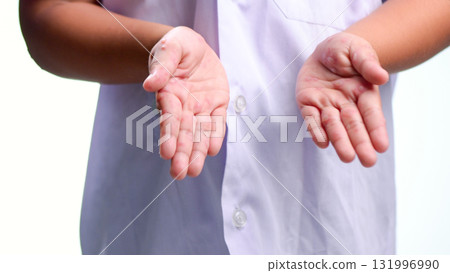 Hand, foot and mouth disease HFMD Human hand of scarlet fever in coxsackievirus palmarosa virus and child hand on white background Hand, foot and mouth disease HFMD Human hand of scarlet fever in coxsackievirus palmarosa virus and child hand on white background 131996990