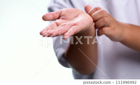 Hand, foot and mouth disease HFMD Human hand of scarlet fever in coxsackievirus palmarosa virus and child hand on white background 131996992