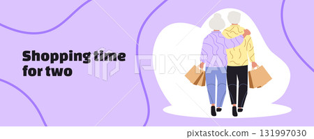 Shopping time for two. Elderly couple shopping together in supermarket. Senior man and woman buying groceries. Flat vector illustration 131997030