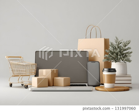 cyber monday storefront mockup with tech gadgets on white background 131997060