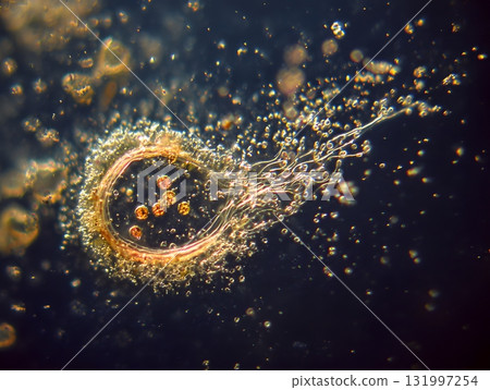 Scientific close up amoeba engulfing food particle 131997254