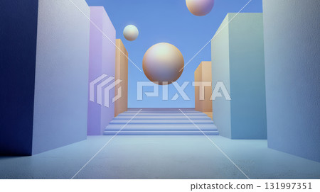 3D-rendered spheres and cubes arranged in 3D-rendered spheres and cubes arranged in 131997351