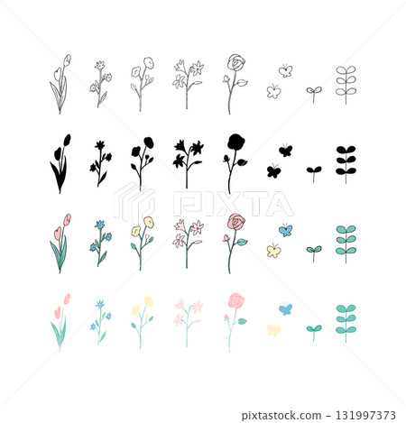 帶有簡單花朵和葉子的可愛植物插圖 帶有簡單花朵和葉子的可愛植物插圖 131997373