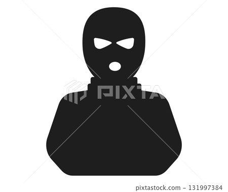 Incognito anonymous character silhouette icon, hacker or scammer with hidden face, villain. Thief, criminal, robber simple sign.  131997384