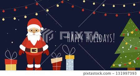 Holiday banner with cute Santa, Christmas tree, gifts, and garlands Holiday banner with cute Santa, Christmas tree, gifts, and garlands 131997393