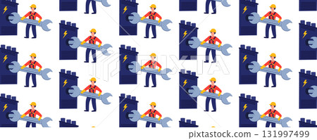 Electric utility worker seamless pattern. Cable installation and maintenance of power line supports. Energy engineering concept 131997499