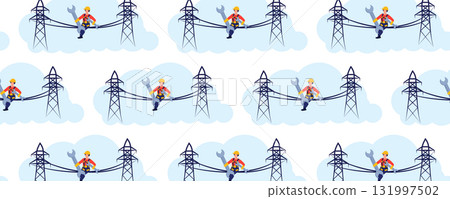 Electric utility worker seamless pattern. Cable installation and maintenance of power line supports. Energy engineering concept Electric utility worker seamless pattern. Cable installation and maintenance of power line supports. Energy engineering concept 131997502