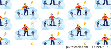 Electric utility worker seamless pattern. Cable installation and maintenance of power line supports. Energy engineering concept 131997503