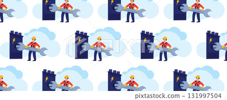 Electric utility worker seamless pattern. Cable installation and maintenance of power line supports. Energy engineering concept 131997504