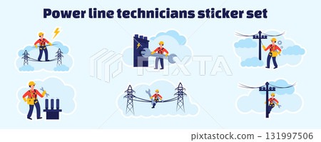 Sticker set of electric power line technicians vector illustration. Utility workers repairing power grid, installing cables, maintenance of electrical transmission towers and equipment Sticker set of electric power line technicians vector illustration. Utility workers repairing power grid, installing cables, maintenance of electrical transmission towers and equipment 131997506