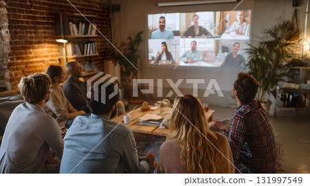 remote conference call projected on wall in apartment 131997549