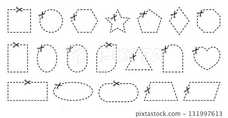 Scissor cut lines for coupon. Dash border for rectangle, circle, and square. Dotted frame with outline. Scissor cut lines for coupon. Dash border for rectangle, circle, and square. Dotted frame with outline. 131997613