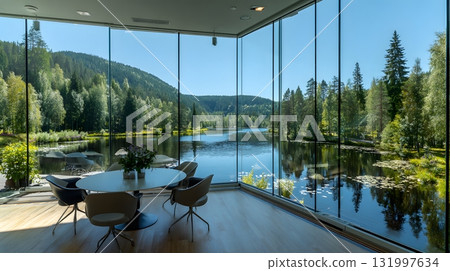 remote office with panoramic view of lake and forests 131997634