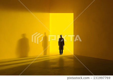 Conceptual photography two shadows behind single figure 131997769
