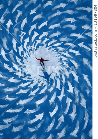 Conceptual photo person trapped in circle arrows repetition Conceptual photo person trapped in circle arrows repetition 131997804